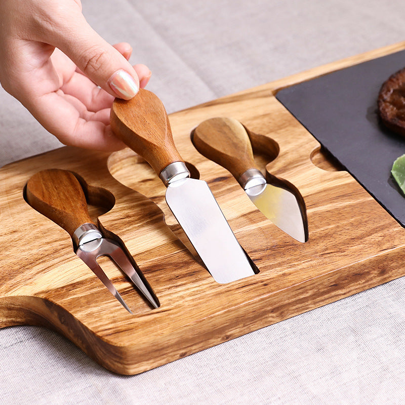 Wooden Cheese Cutting Board Serving Platter Kitchen Utensil Set