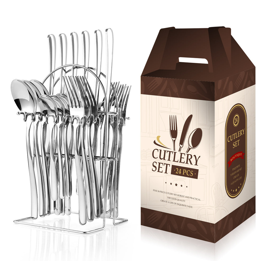 24-Piece Stainless Steel Cutlery Set With Storage Rack